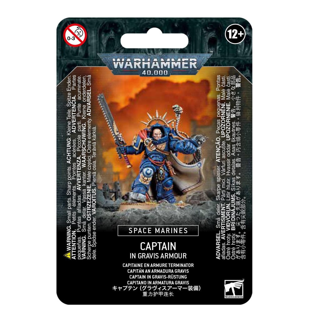 Games Workshop Primaris Captain in Gravis Armour, dynamic melee pose, great for dramatic battlefield displays.