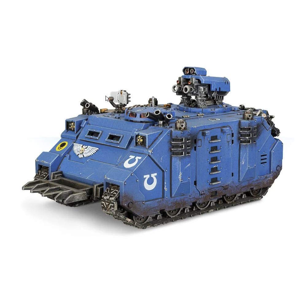 Games Workshop Space Marine Razorback front view showing armored transport and silhouette