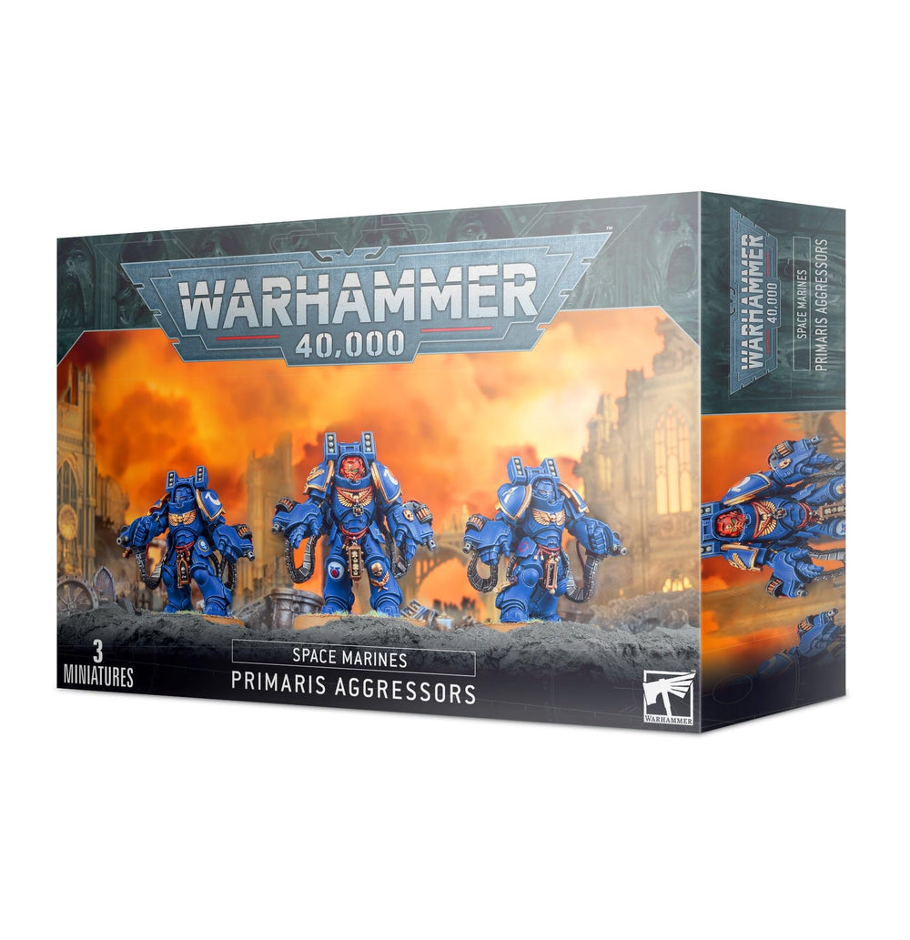 Games Workshop Space Marines Primaris Aggressors plastic kit – front view for easy assembly and painting.
