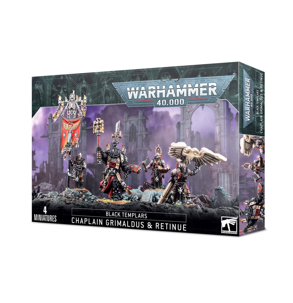 Games Workshop Black Templars Grimaldus and cenobyte servitors, ready to lead a tabletop battle.