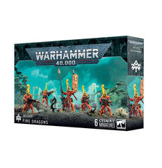Games Workshop Warhammer 40k Aeldari Fire Dragons box content showing elite flame-warriors for customization.