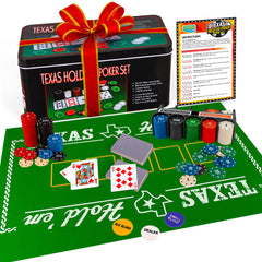 Gamie Texas Holdem set on table with mat and chips for family game night