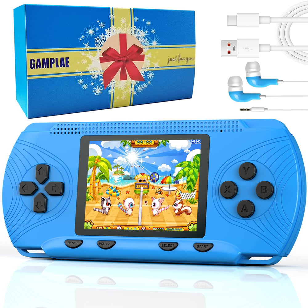 GAMPLAE handheld game console in blue with ergonomic grip for comfortable play