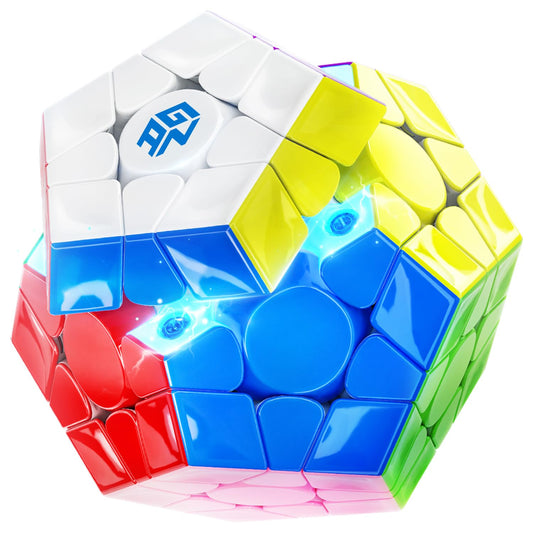 GAN Megaminx Maglev assembled on grey base for smooth play and display