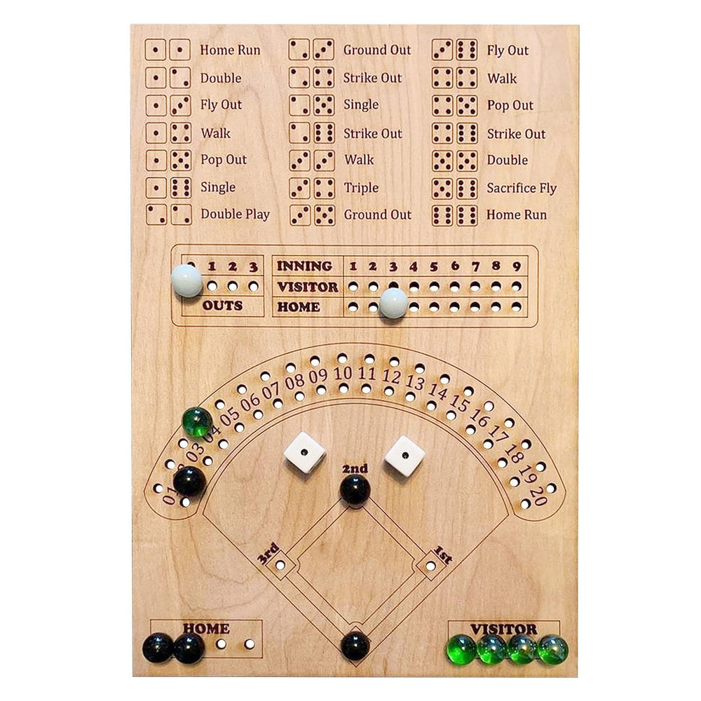 GAOMEIDA Baseball Dice Board Game contents: board, dice, marbles, and guide