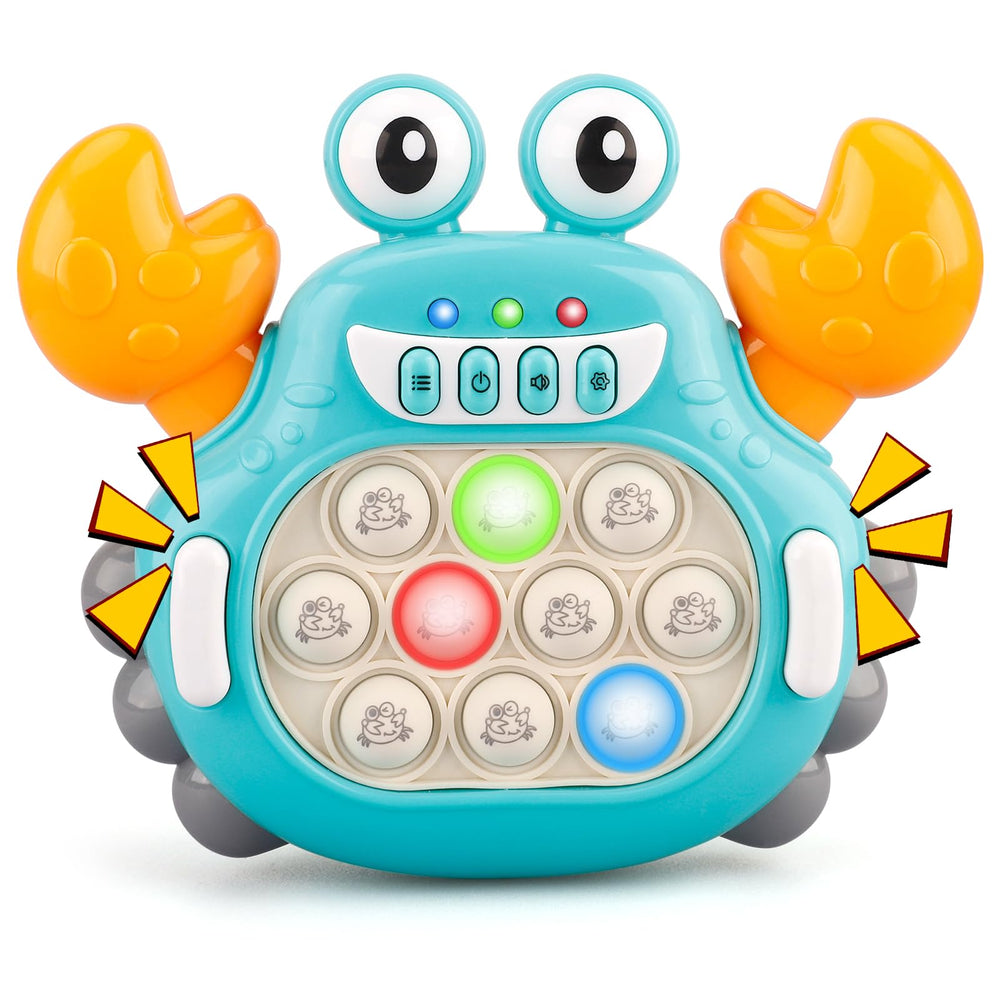 GAPER GO Fast Push Game crab toy close-up showing popping bubbles for sensory play