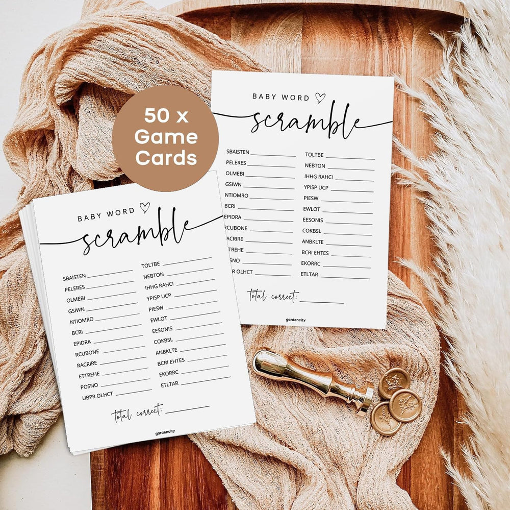 GardenCity 50 Baby Shower Word Scramble Cards measuring 5x7 inches for easy handling