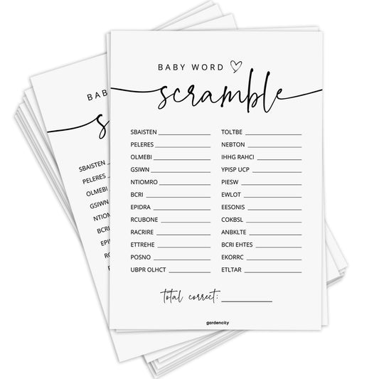 GardenCity 50 Baby Shower Word Scramble Cards front view for effortless ice-breaker fun
