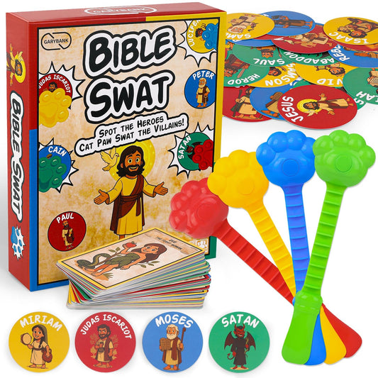 Garybank Bible Swat Game hero cards in use, encouraging kids to spot Bible heroes together.
