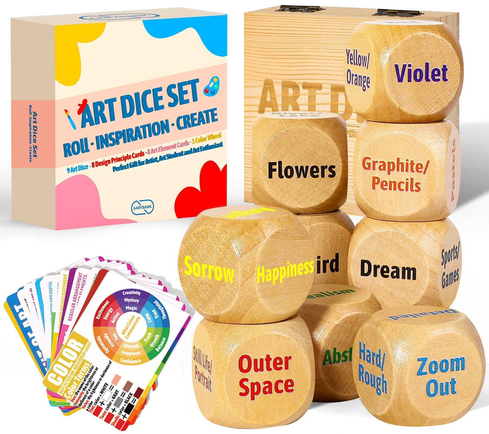 Garybank Inspiration Art Dice set of nine dice sparks spontaneous ideas during sketching.