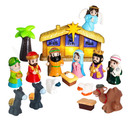 GDGZT nativity set with light highlighting Baby Jesus for a warm holiday display.