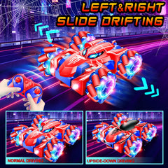GDRic Spider RC car performing a 360-degree stunt under lights.