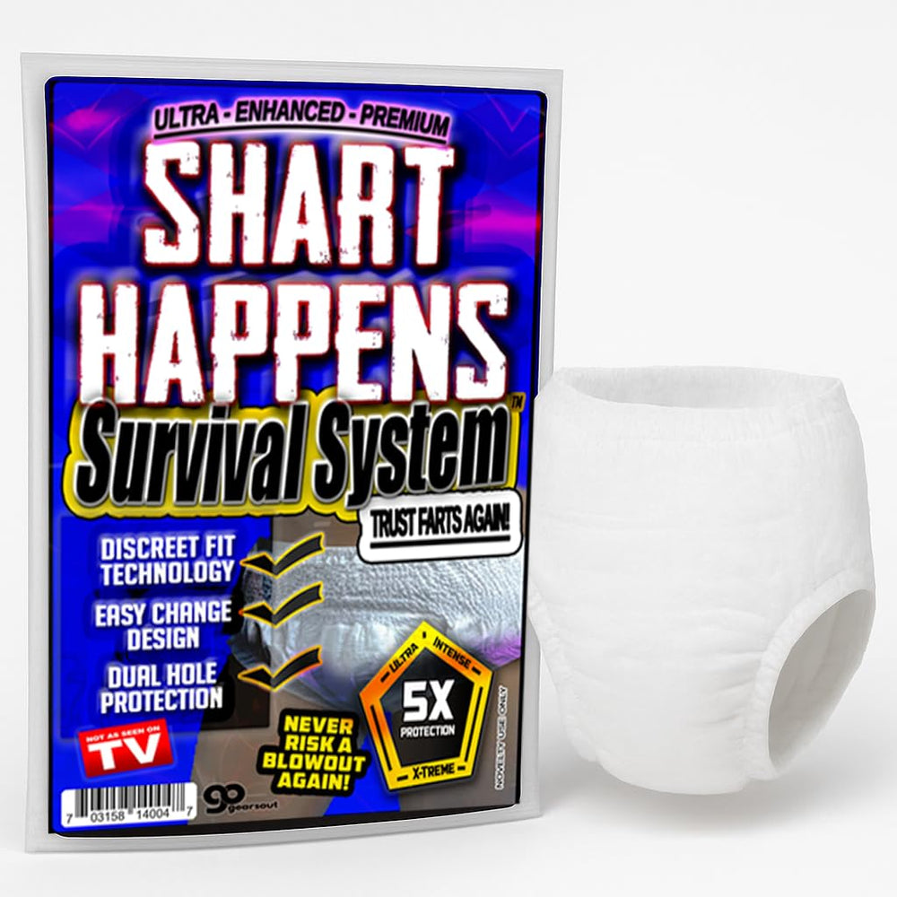 Gears Out Shart Happens survival-system packaging showcases a bold party reveal.