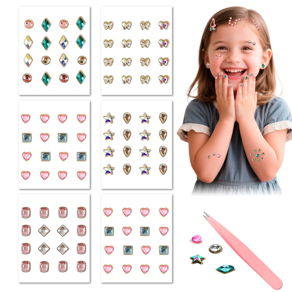 Geili Great 6-sheet 3D gem stick-on earrings packaging shows ready-to-wear sparkle for kids.