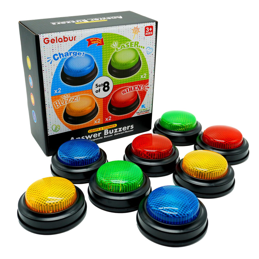 Gelabur 8-pack buzzers in classroom with bright lights for group quizzes.