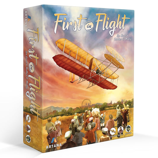Genius Games First In Flight box art highlighting historical aviation themes for tabletop enthusiasts.