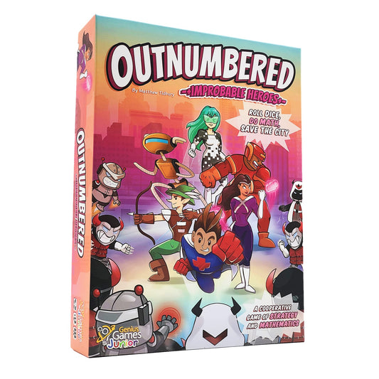 Genius Games Outnumbered box front featuring heroic artwork for family game night.