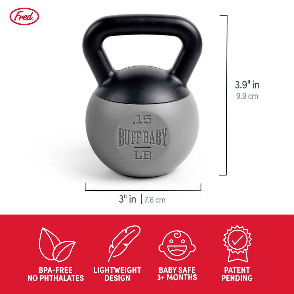 Genuine Fred Buff Baby Kettlebell Rattle sized 3x2.6x3.9 inches for easy grip