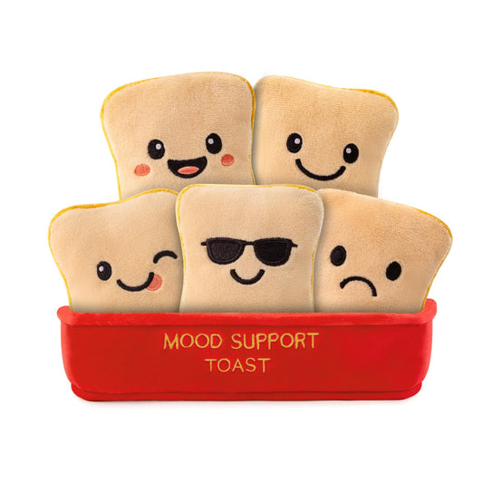 GERBIT mood bread slices in a basket—soft plush desk companion for small moments of joy.
