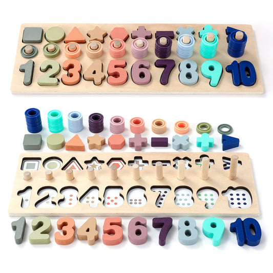GeroCrew toddler Montessori peg-board for sorting shapes and early number practice.