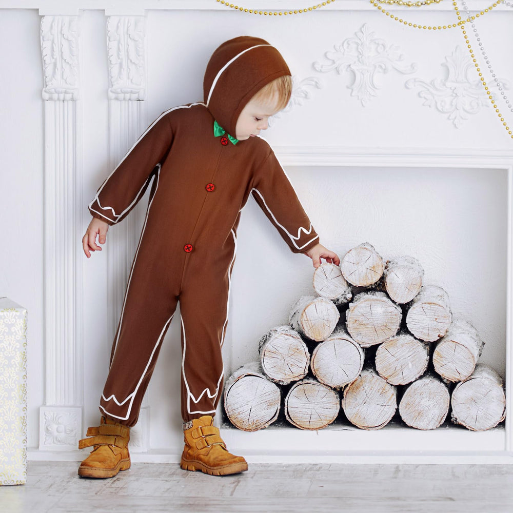 Geyoga gingerbread costume brown worn in action, kids enjoy festive play