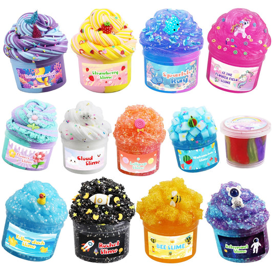 GHFEOOHN 13-pack crunchy slime kit bottles with varied textures for fun party favors.
