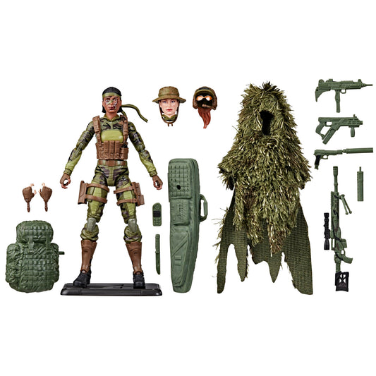 G.I. Joe Classified 60th Anniversary Sniper with ghillie suit for stealthy display poses.