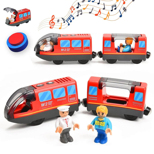 Giant bean battery-operated locomotive front view on wooden tracks for imaginative play