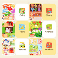 Giant bean Busy Book colors and shapes pages aid visual discrimination and matching tasks.