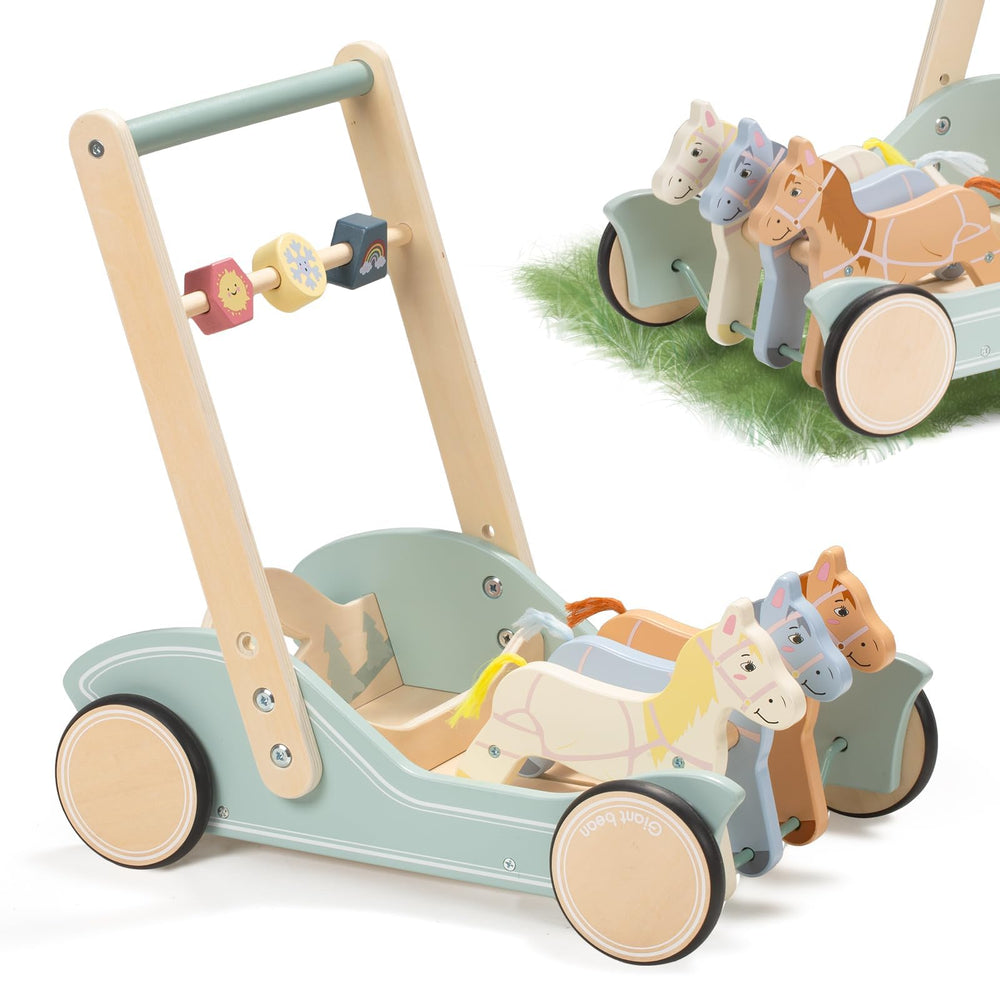 Giant Bean Galloping Ponies Walker front view with playful ponies and sturdy wooden frame.