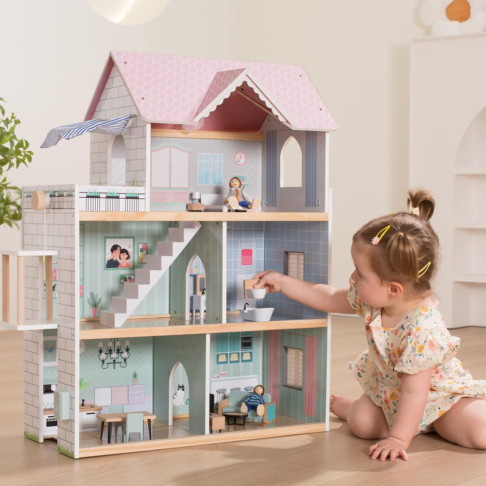 Giant bean large pink dollhouse elevator detail highlights accessible multi-floor play.