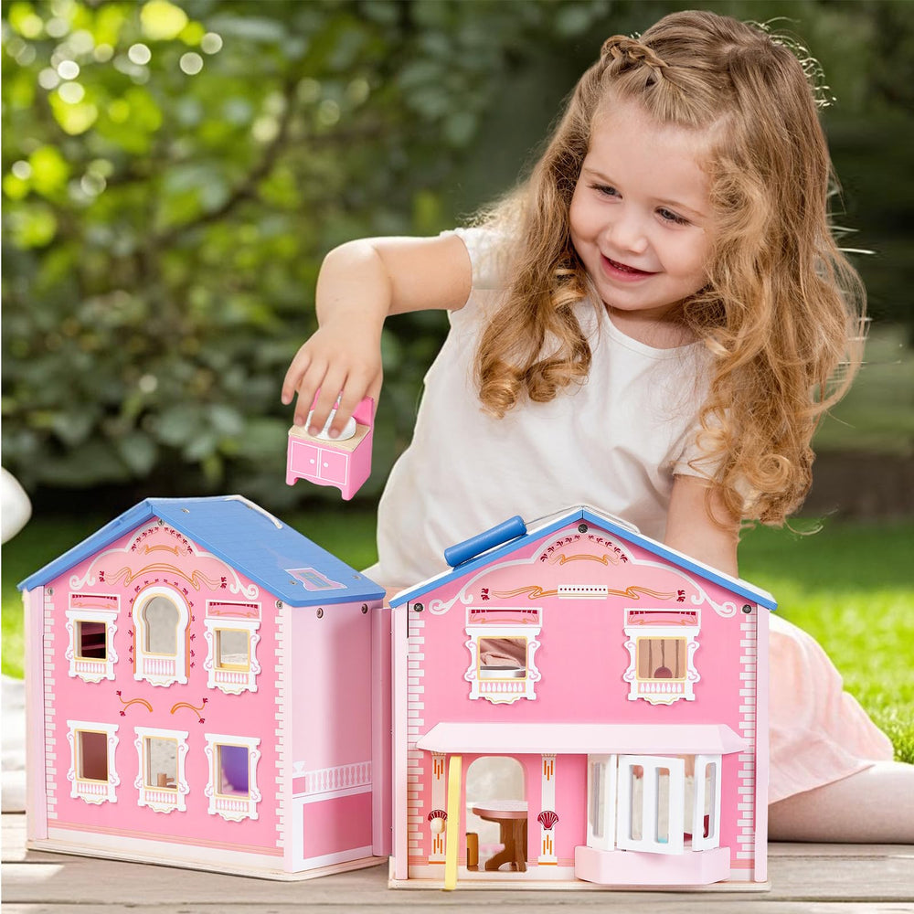 Giant bean pink 2-story dollhouse invites imaginative storytelling.