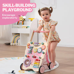 Giant bean pink butterfly walker side view shows interactive features for baby exploration