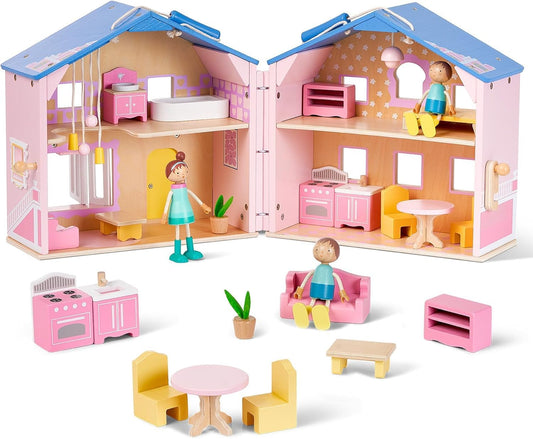 Giant bean pink foldable dollhouse case for easy transport and storage.