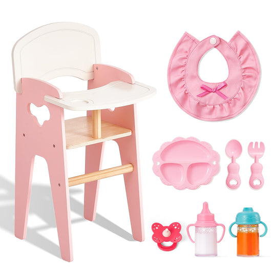 Giant bean wooden baby doll high chair with feeding set for imaginative care.