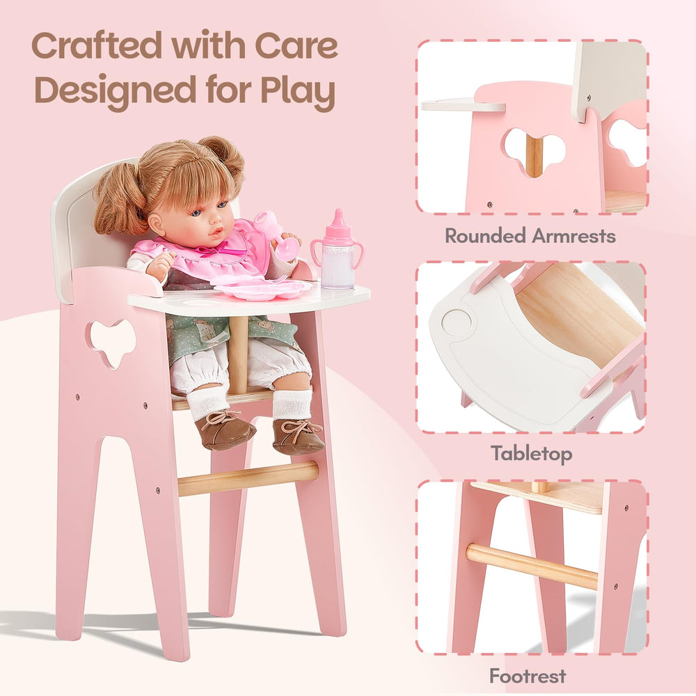 Giant bean wooden high chair with bib, plate, and utensils for doll meals.