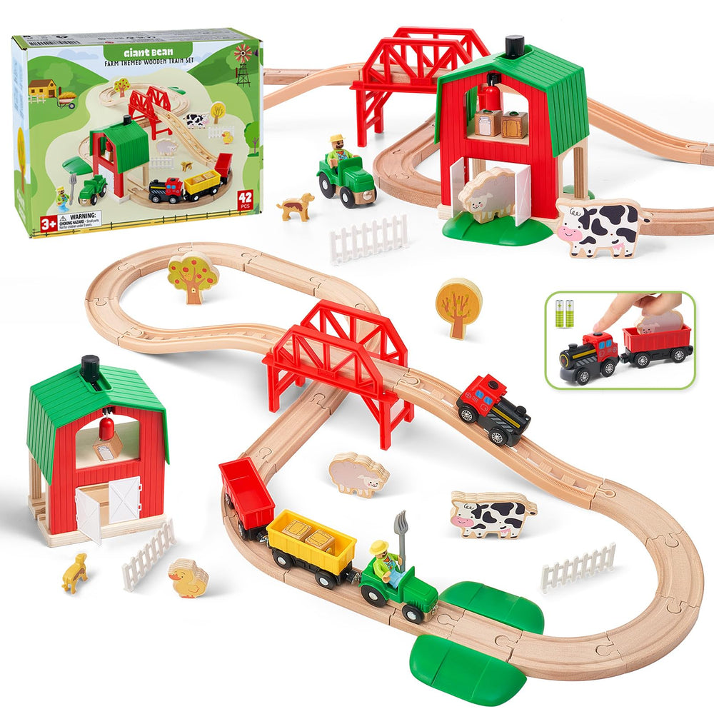 Giant Bean wooden farm train bridge: durable, dynamic toddler play.
