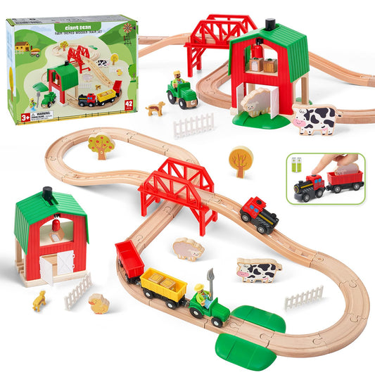 Giant Bean wooden farm train bridge: durable, dynamic toddler play.