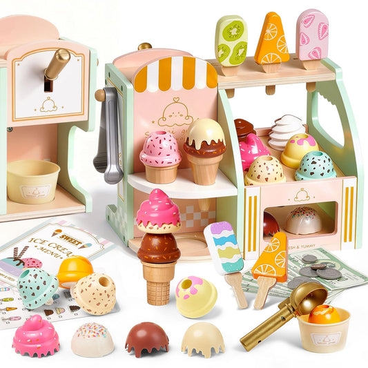 Giant bean wooden ice cream dispenser in action promotes interactive pretend play