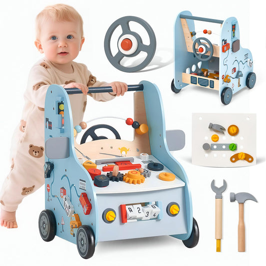 Giant Bean wooden push walker with activity center for toddlers, stimulating early walking and exploration.
