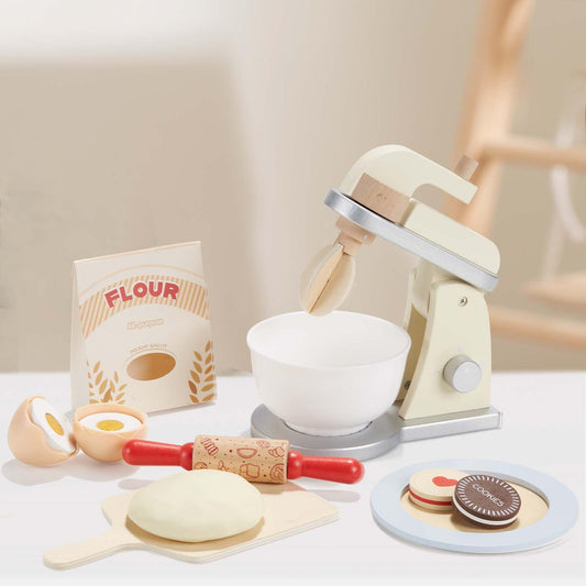 Giant bean Wooden Toy Mixer with rotating whisk enhances fine motor play and imaginative pretend cooking.