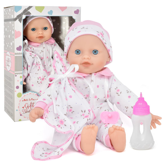 Gift Boutique 12 inch soft body baby doll full view ready for cuddles and role play.