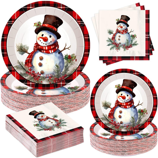 GiftPioneers snowman plates and napkins for festive 50-guest dinner