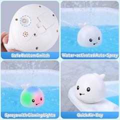 Gigilli whale bath toy in tub lights up and sprays for engaging bath time.