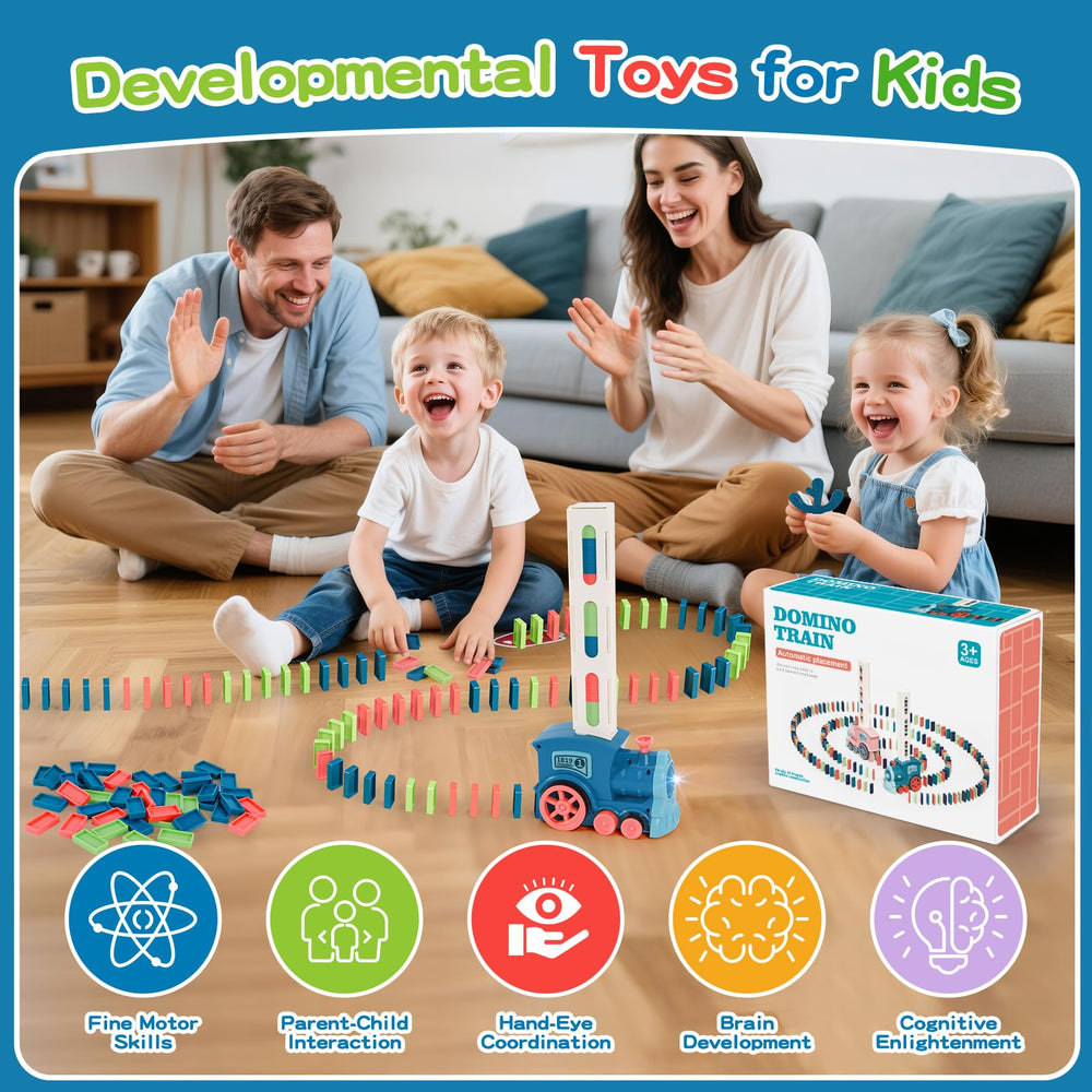 Gigilli domino train toy contents include dominos, clips, and screwdriver for setup