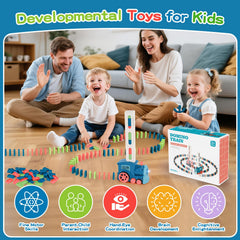 Gigilli domino train toy contents include dominos, clips, and screwdriver for setup