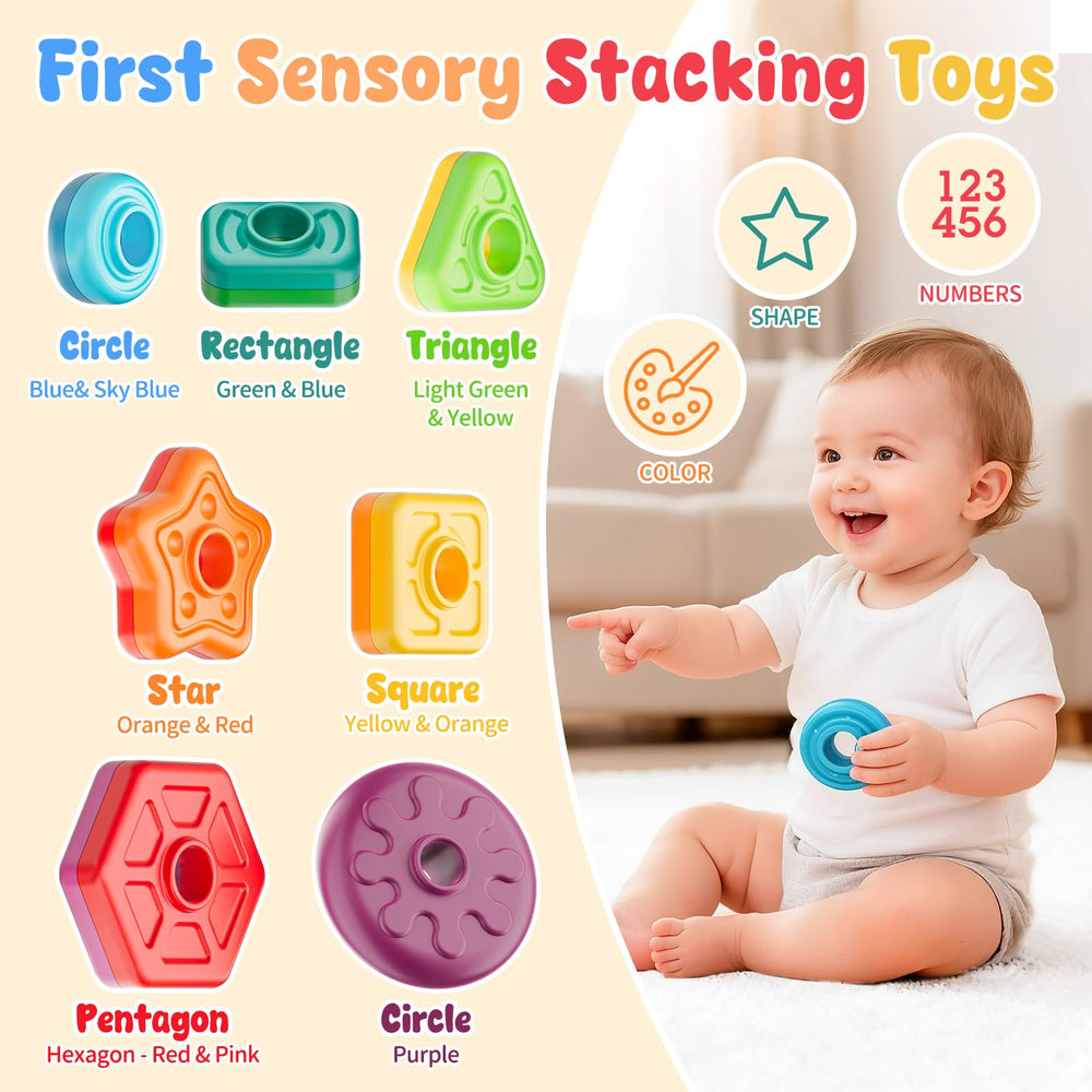 Gigilli rainbow ring stacker tower showing stacking play for hand-eye coordination.