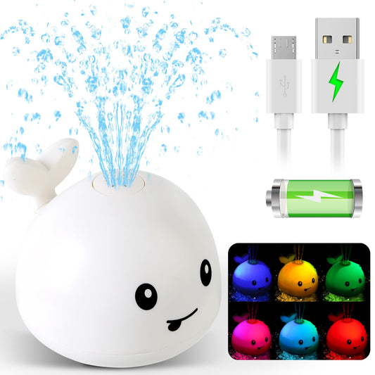 Gigilli whale bath toy sprinkler lights up to engage babies during bath time.