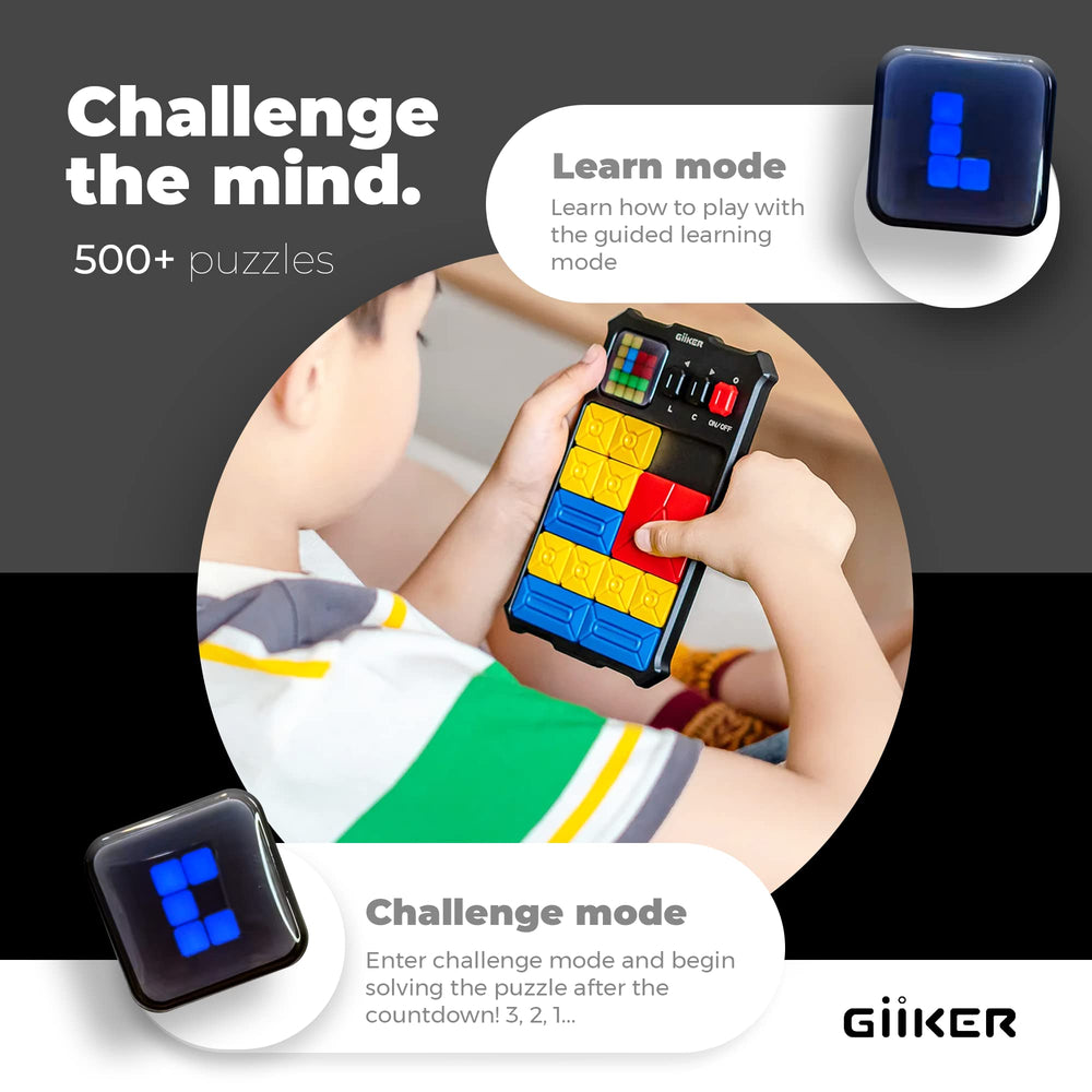 GiiKER handheld puzzle console held in hand, ideal travel companion