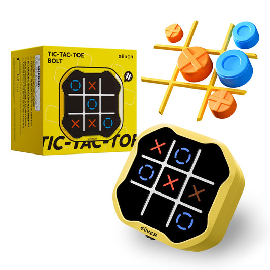 GiiKER Tic Tac Toe Bolt box view in bold yellow, portable for on-the-go family play.